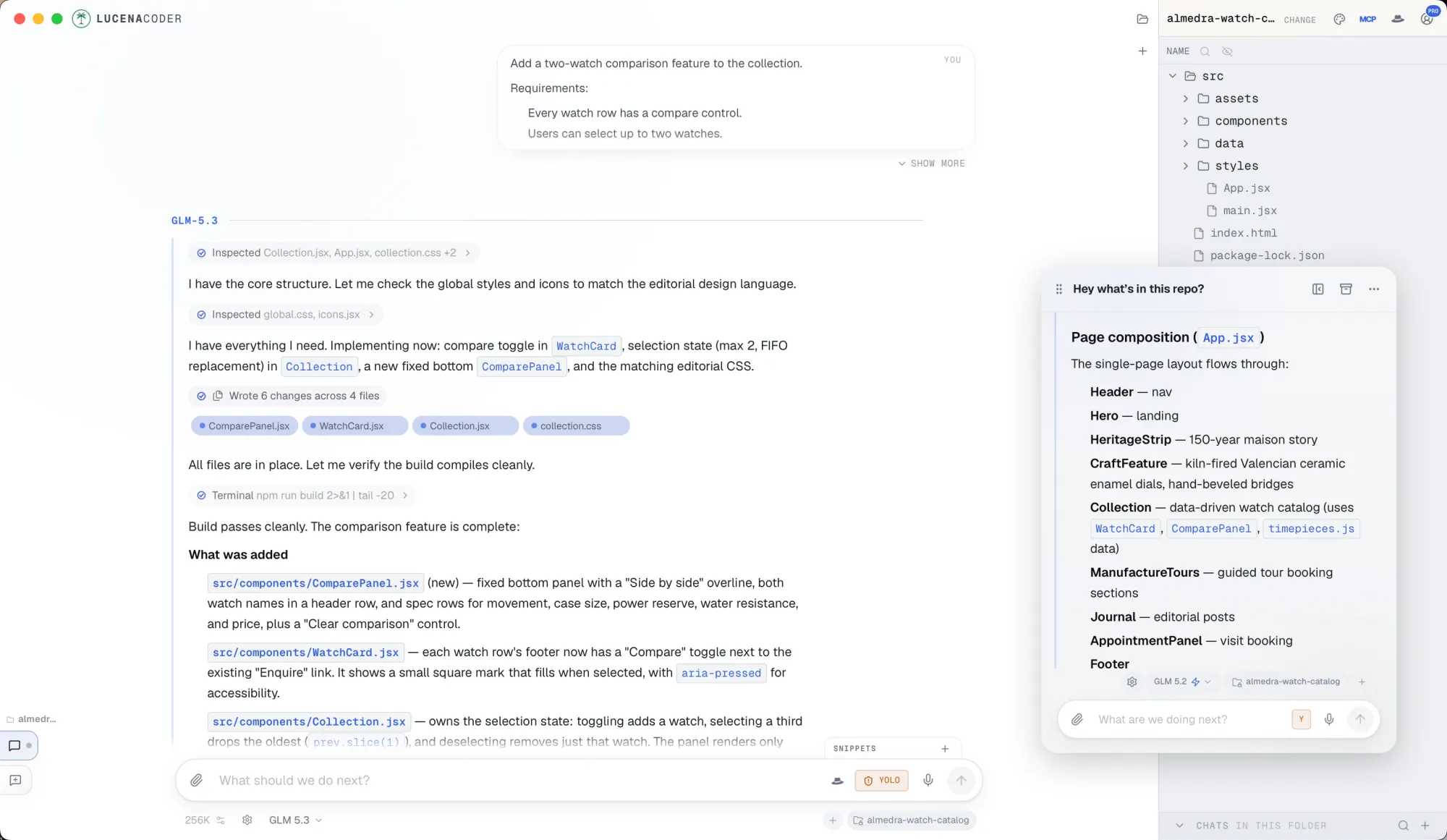 LucenaCoder desktop in light mode with the main folder chat and a floating side chat.