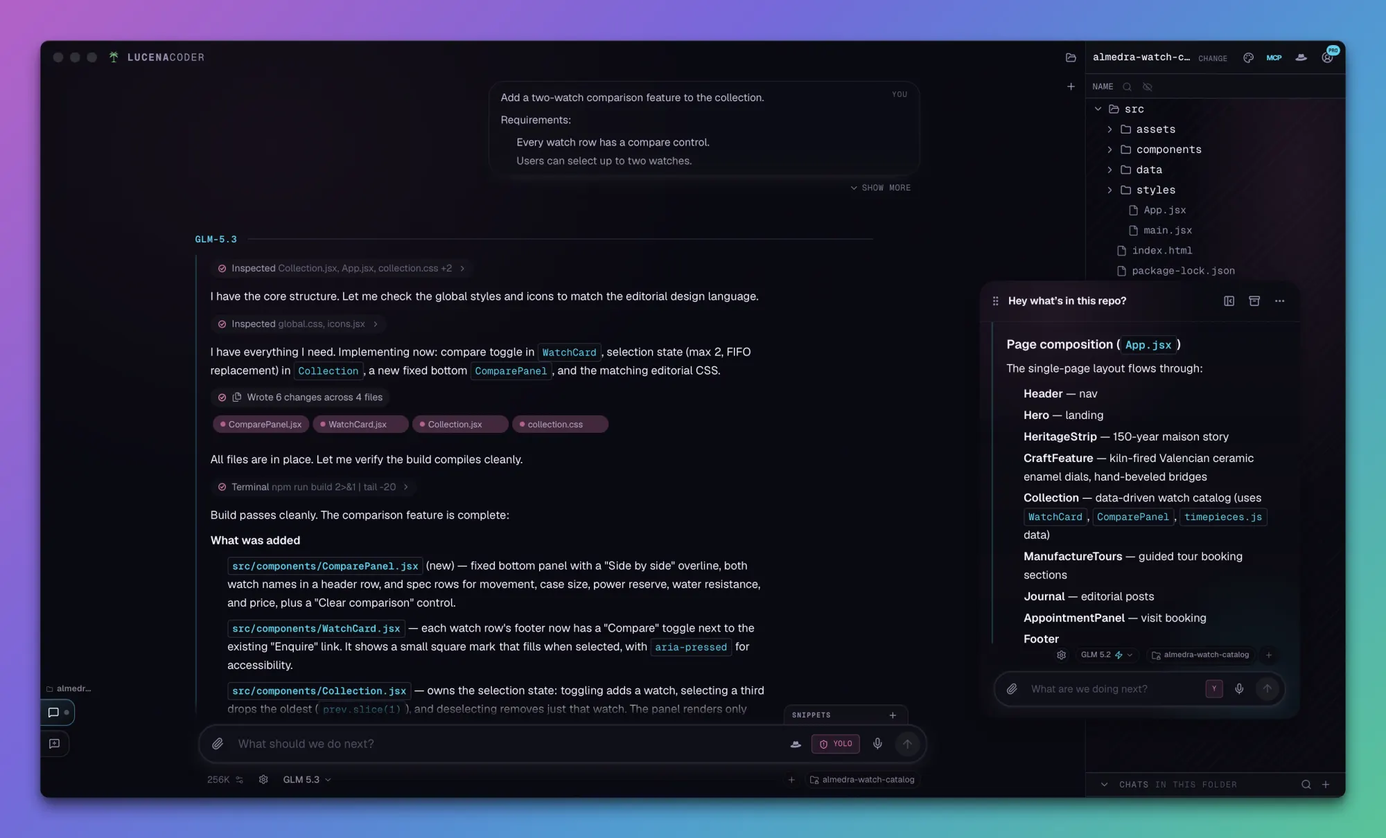 LucenaCoder desktop with the main folder chat and a floating side chat.